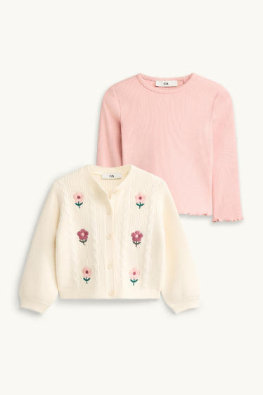 Enfants filles - Fleurs - ensemble - gilet de maille et haut à manches longues - 2 pièces - blanc crème