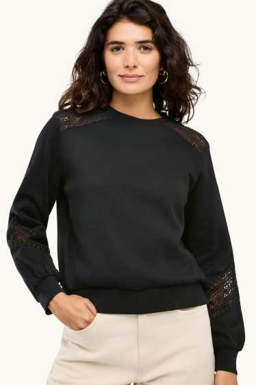 Damen - Sweatshirt - Broderie Anglaise - schwarz