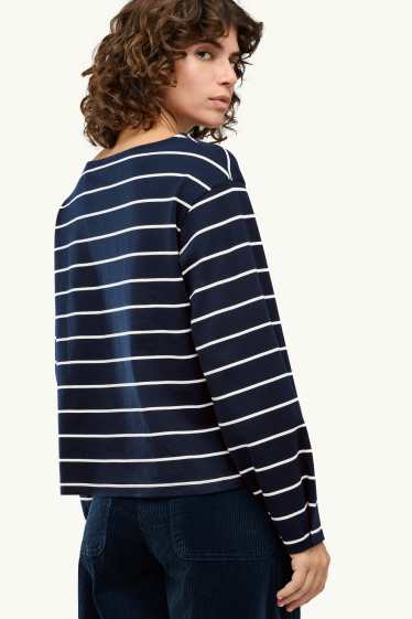 Dames - Longsleeve - regular fit - gestreept - donkerblauw / wit