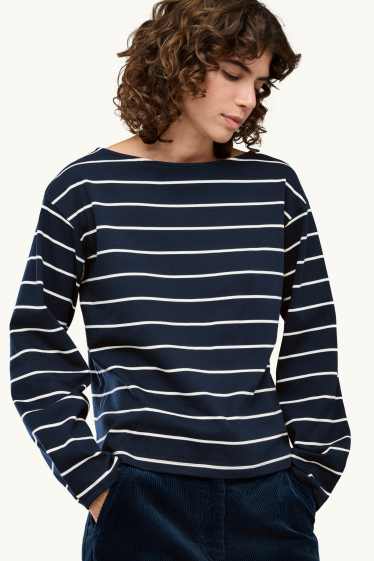 Dames - Longsleeve - regular fit - gestreept - donkerblauw / wit