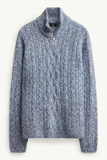Men - Jumper - cable knit pattern - blue-melange