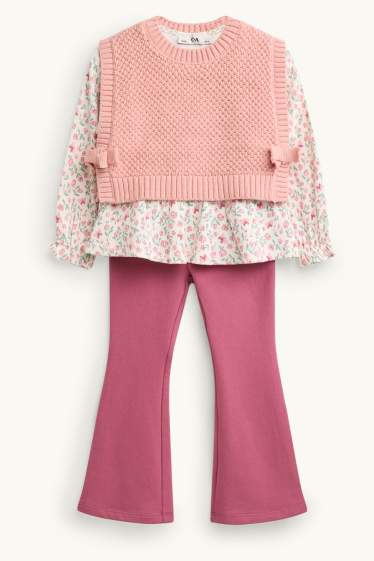 Enfants filles - Ensemble - haut en maille, chemisier et legging de coupe évasée - 3 pièces - rose / rose pâle