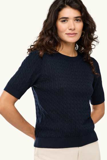 Damen - Strickpullover - kurzarm - Zopfmuster - dunkelblau
