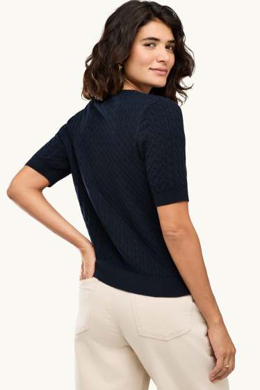 Damen - Strickpullover - kurzarm - Zopfmuster - dunkelblau