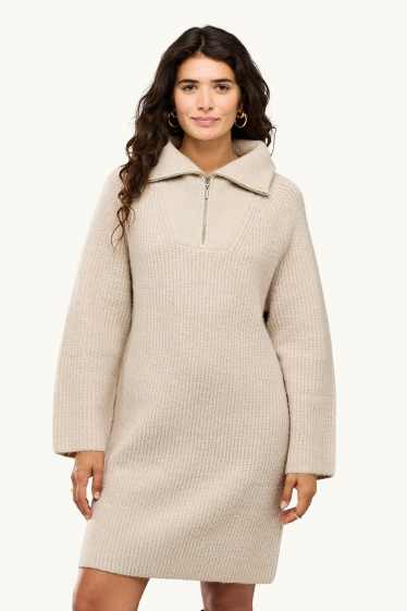 Damen - Strickkleid - Straight Fit - gerippt - cremefarben