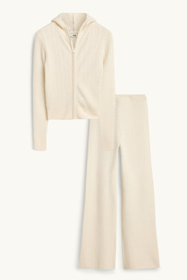 Bambine - Coordinato - cardigan e pantaloni di stoffa - 2 pezzi - motivo a treccia - crema