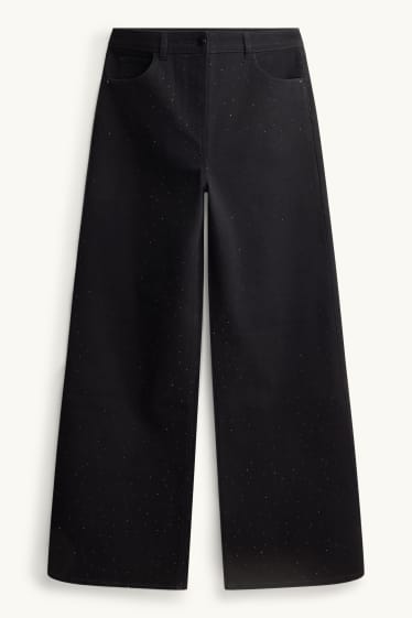 Dames - Pantalon met strass-steentjes - high waist - wide leg - zwart