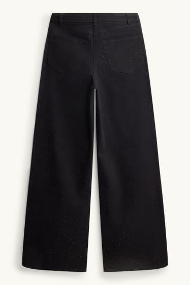 Dames - Pantalon met strass-steentjes - high waist - wide leg - zwart