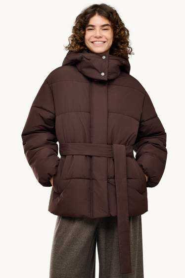 Damen - Steppjacke mit Gürtel - gefüttert - wasserabweisend - dunkelbraun