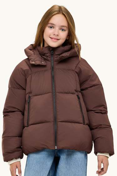 Kinder Mädchen - Steppjacke mit Kapuze - gefüttert - wasserabweisend - dunkelbraun