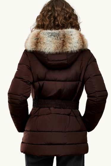 Femmes - Doudoune avec ceinture et capuche - finition déperlante - marron foncé