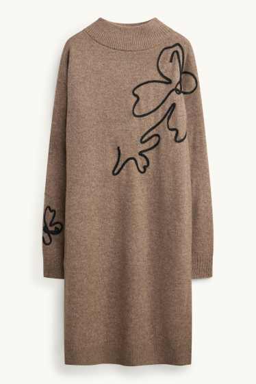 Women - Knitted dress - straight fit - floral - beige