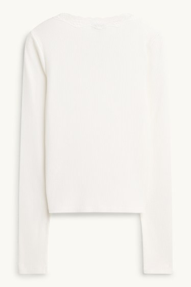 Dona - Samarreta de mànigues llargues amb coll en punta - slim fit- de canalé - blanc trencat