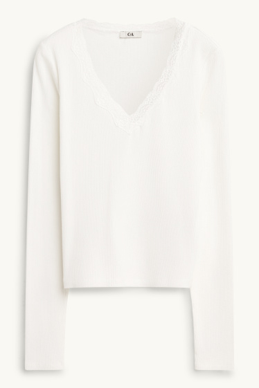 Dona - Samarreta de mànigues llargues amb coll en punta - slim fit- de canalé - blanc trencat
