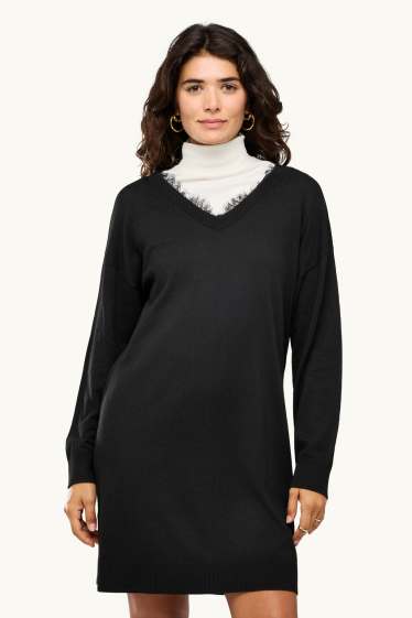 Dames - Gebreide jurk met V-hals - straight fit - zwart