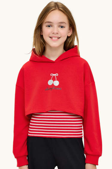 Kinder Mädchen - Kirsche - Set - Hoodie und Top - 2 teilig - Glanz-Effekt - rot / weiss