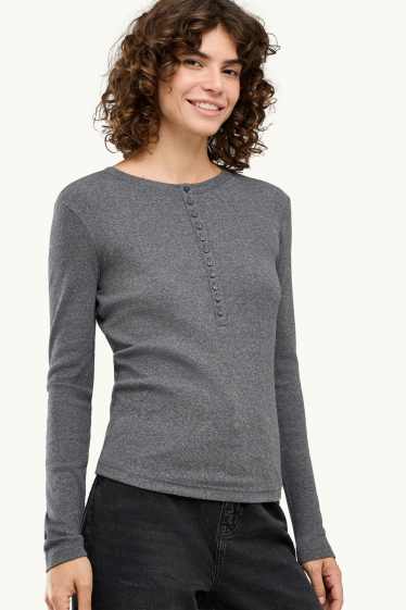 Women - Henley T-shirt - slim fit - ribbed - dark gray melange