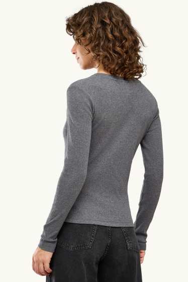 Women - Henley T-shirt - slim fit - ribbed - dark gray melange