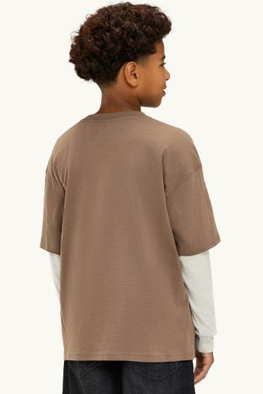 Children Boys - Graffiti - long sleeve top - 2-in-1 look - brown / cremewhite