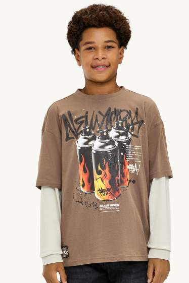 Children Boys - Graffiti - long sleeve top - 2-in-1 look - brown / cremewhite