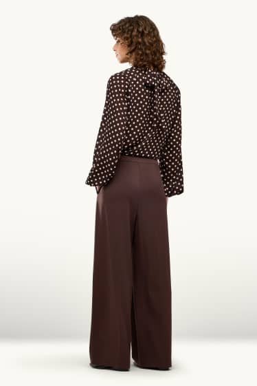 Dámské - Plátěné kalhoty - high waist - wide leg - tmavohnědá