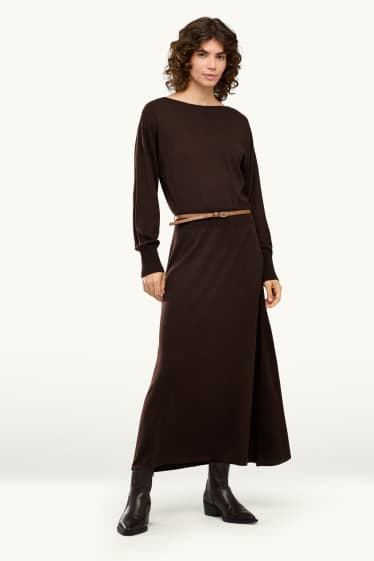 Donna - Vestito in maglia con cintura - straight fit - marrone scuro