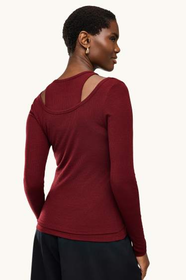 Femmes - Haut à manches longues - regular fit - finition côtelée - look 2-en-1 - rouge foncé