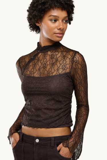 Damen - Spitzen-Langarmshirt - Slim Fit - dunkelbraun