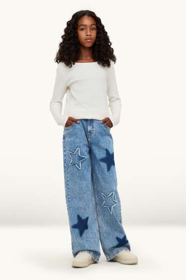 Kinderen: meisjes - Ster - wide leg jeans - jeansblauw