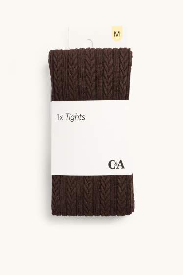Women - Tights - cable knit pattern - dark brown