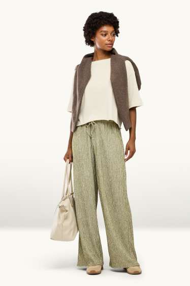 Damen - Stoffhose - Mid Waist - Wide Leg - kariert - grün / cremeweiss