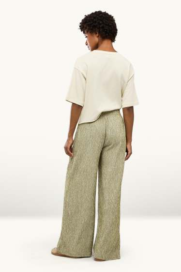 Damen - Stoffhose - Mid Waist - Wide Leg - kariert - grün / cremeweiss