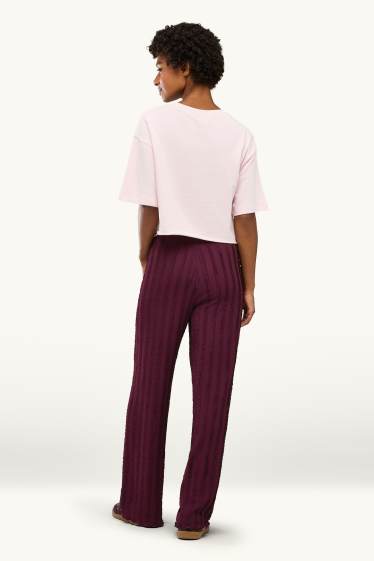 Femmes - Pantalon en jersey - mid waist - wide leg - finition texturée - bordeaux