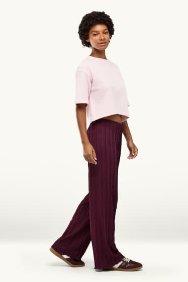 Femmes - Pantalon en jersey - mid waist - wide leg - finition texturée - bordeaux
