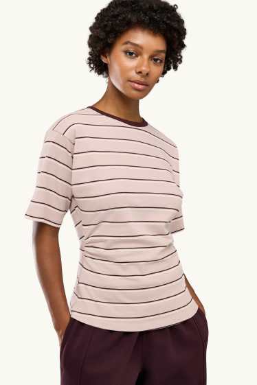 Women - T-shirt - slim fit - striped - brown / rose