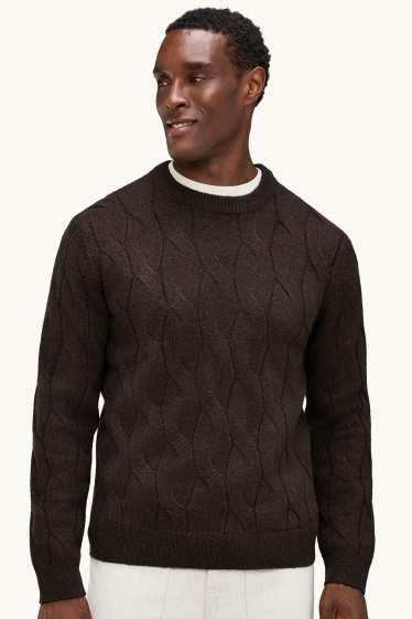 Hommes - Pull - motif tressé - marron foncé