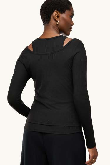 Dames - Longsleeve - regular fit - ribstof - 2-in-1-look - zwart