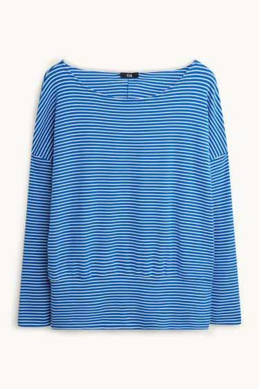 Dámské - Tričko s dlouhým rukávem - slim fit - pruhované - modrá/bílá