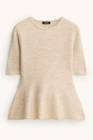 Damen - Strickpullover - kurzarm - gerippt - hellbeige