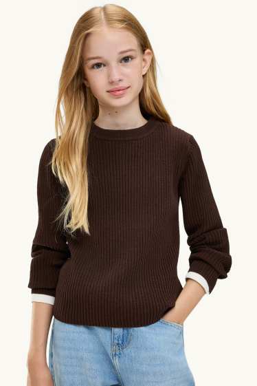 Enfants filles - Pull - finition côtelée - marron foncé
