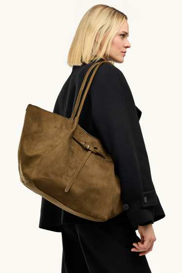 Dámské - Velká kabelka shopper - imitace semiše - khaki