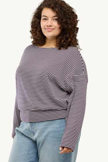 Dámské - Tričko s dlouhým rukávem - slim fit - pruhované - bílá/černá