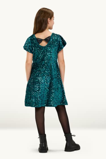 Children Girls - Bow - sequin dress - petrol