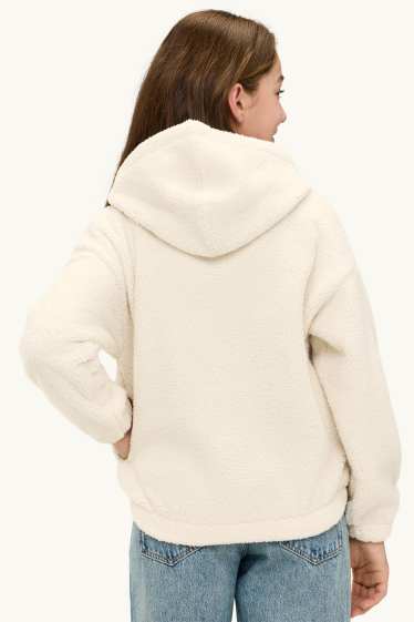 Bambine - Giacca in pelo teddy con cappuccio - bianco crema