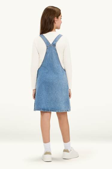 Enfants filles - Étoile - ensemble - robe-salopette en jean et haut à manches longues - 2 pièces - bleu / blanc