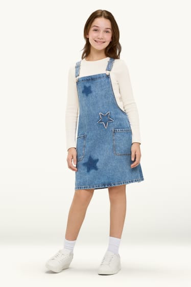 Enfants filles - Étoile - ensemble - robe-salopette en jean et haut à manches longues - 2 pièces - bleu / blanc