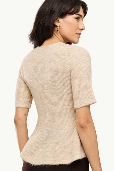 Dames - Gebreide trui - korte mouw - geribd - licht beige