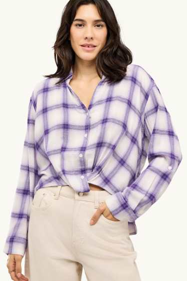 Dames - Overhemdblouse - geruit - paars / wit