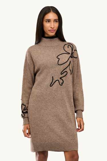 Women - Knitted dress - straight fit - floral - beige