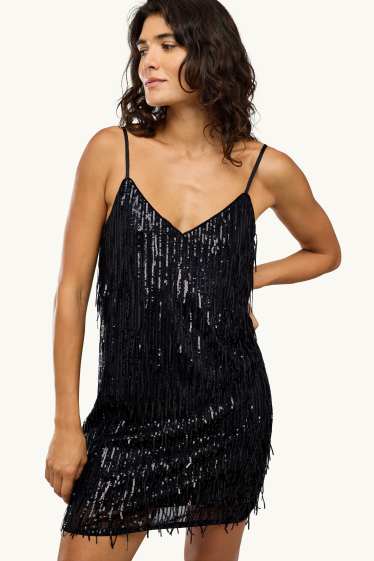 Women - Sequin dress with V-neck and fringing - straight fit - black / silver